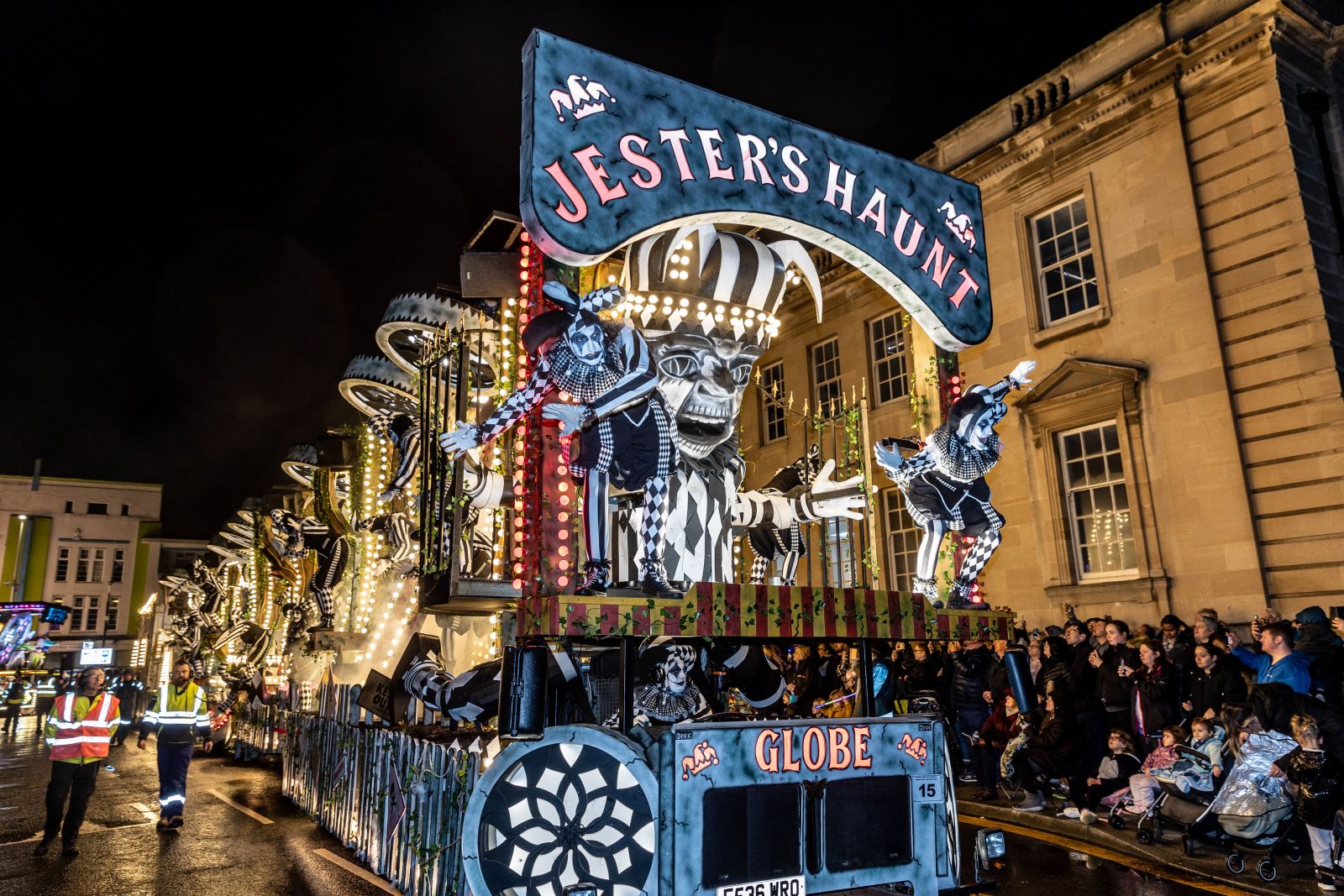 A giant cart featuring jesters at the Weston-super-Mare Carnival
